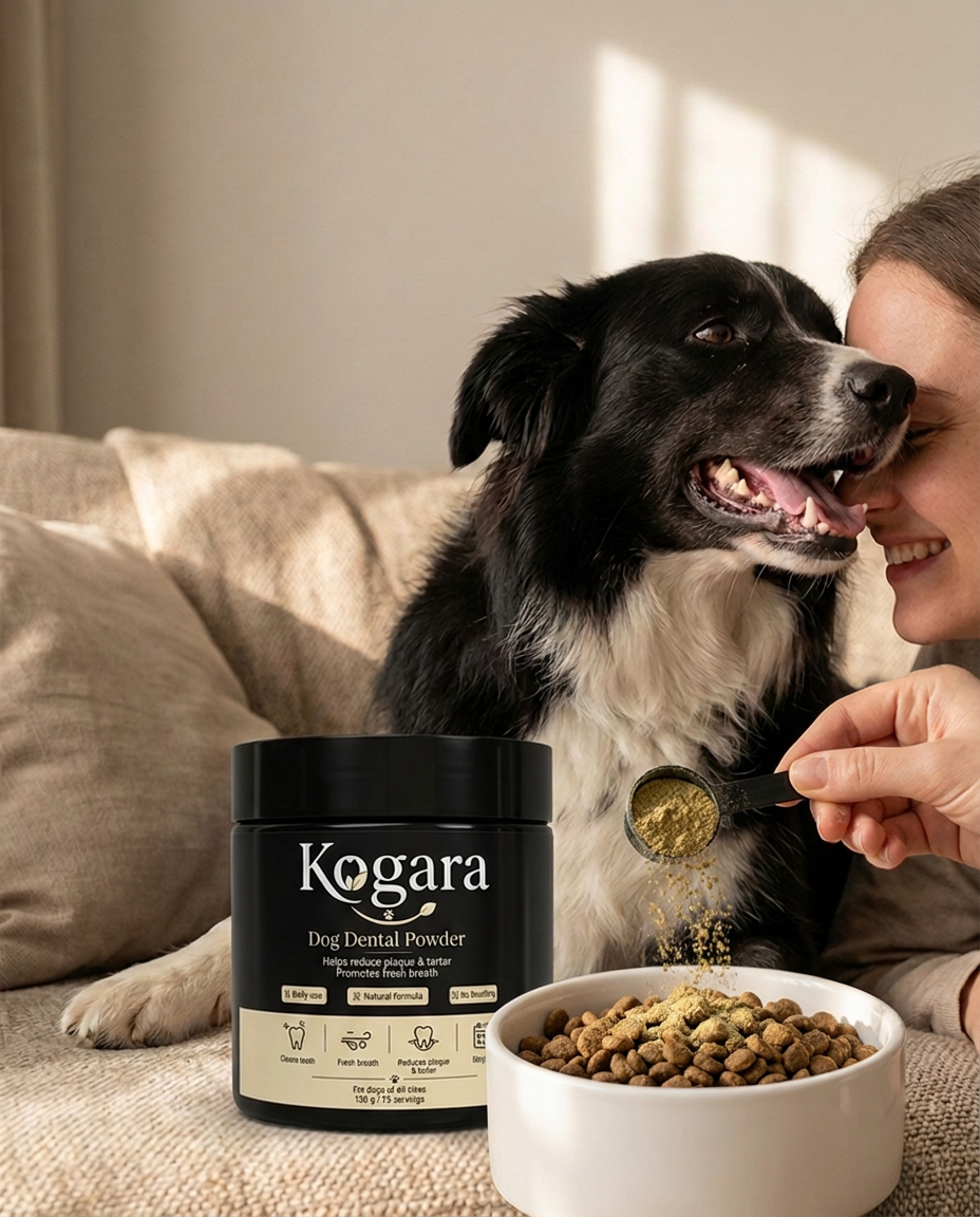 Kogara homepage hero - dog close to owner with jar, bowl and scoop of dental powder